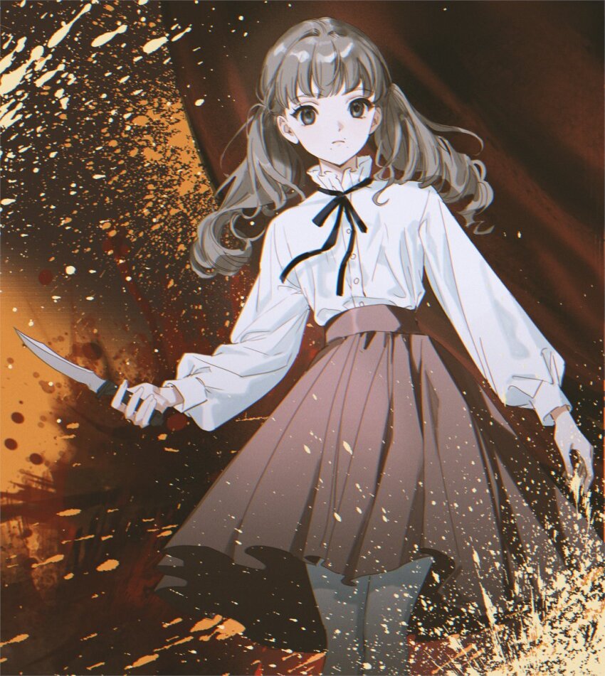 1girl black_ribbon blood blood_splatter brown_hair closed_mouth commentary cowboy_shot das_elend fear_&amp;_hunger fear_&amp;_hunger_2:_termina frilled_shirt_collar frills highres holding holding_knife kitchen_knife knife long_hair long_sleeves looking_at_viewer marina_(fear_&amp;_hunger) medium_skirt mouth_piercing neck_ribbon pink_skirt pleated_skirt ribbon shirt shirt_tucked_in skirt solo standing twintails white_shirt