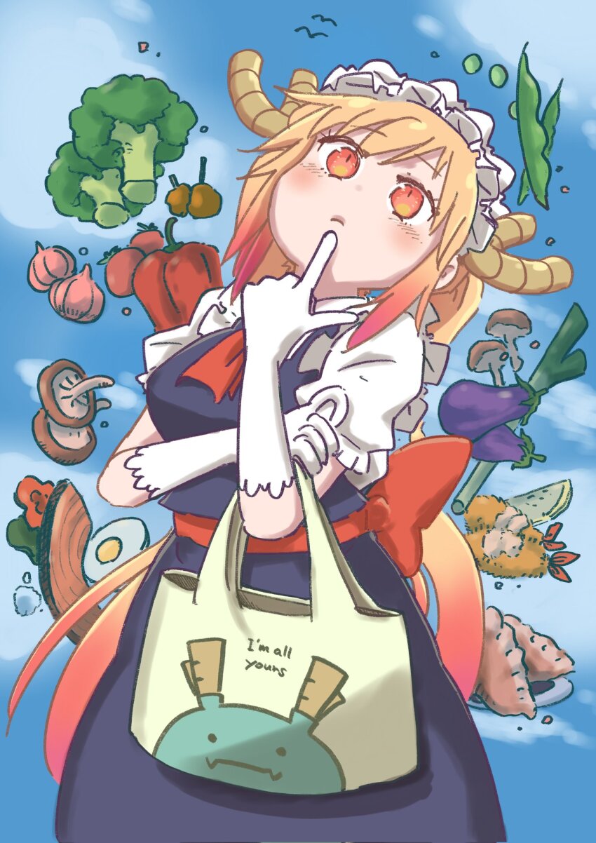 1girl bag beetaro17 bell_pepper blonde_hair blue_dress broccoli cloud cloudy_sky colored_sclera dragon_girl dragon_horns dress dumpling eggplant english_text finger_to_mouth food garlic gloves gradient_hair highres holding holding_bag horns index_finger_raised jiaozi kobayashi-san_chi_no_maidragon looking_up maid multicolored_hair mushroom orange_sclera peas pepper pinafore_dress print_bag puffy_short_sleeves puffy_sleeves red_hair shirt short_sleeves sky sleeveless sleeveless_dress slit_pupils solo spring_onion standing thinking tohru_(maidragon) tomato two-tone_hair white_gloves white_shirt