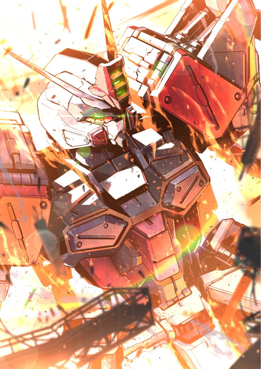 buster_gundam glowing glowing_eye green_hair gundam gundam_seed highres kuri_giepi lens_flare looking_down mecha mobile_suit no_humans robot science_fiction solo upper_body v-fin