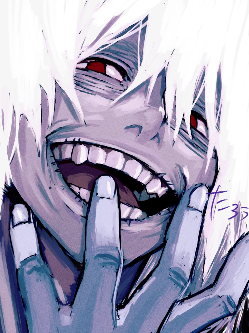 1boy bags_under_eyes boku_no_hero_academia close-up colored_skin commentary grey_skin hair_between_eyes hand_on_own_face hand_up highres hrakfu looking_at_viewer male_focus narrowed_eyes open_mouth red_eyes shigaraki_tomura signature smile solo teeth tongue white_hair