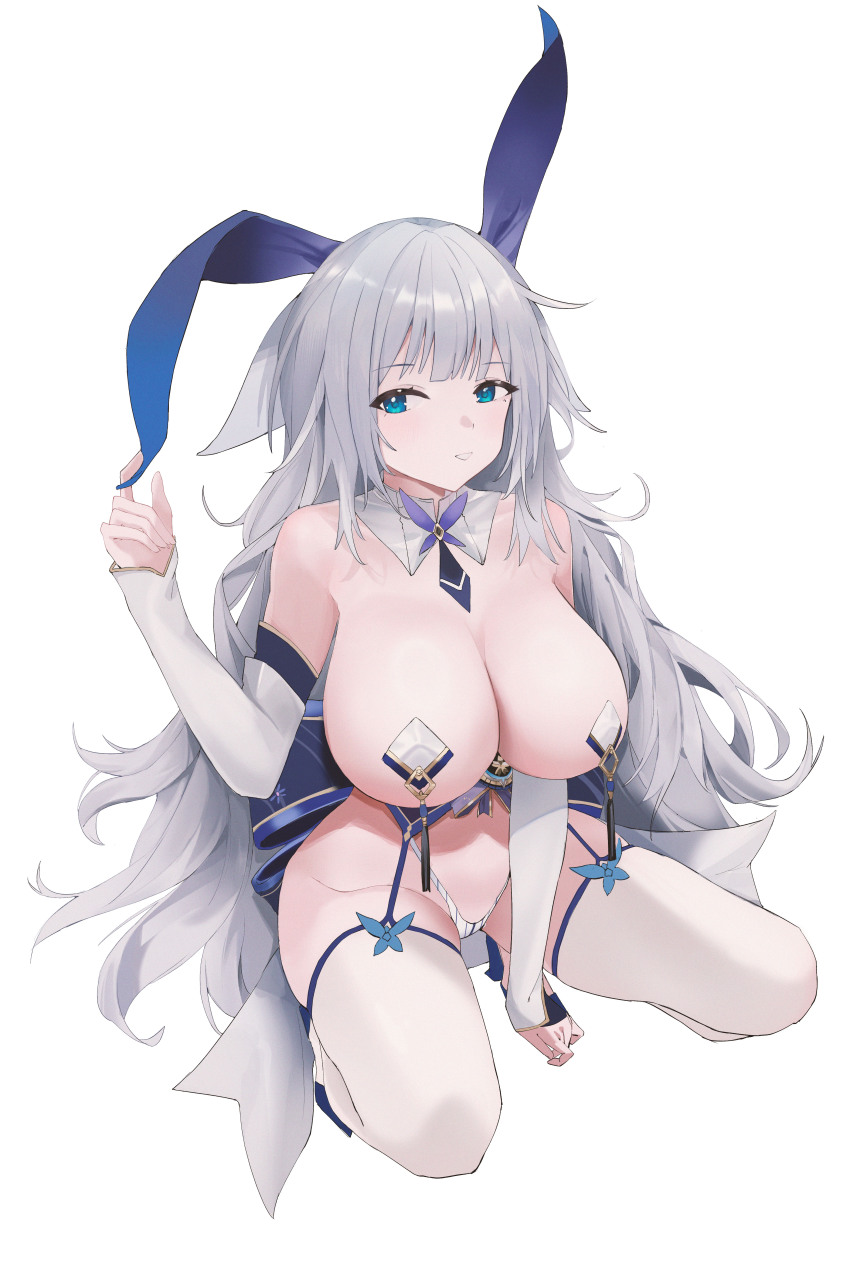 1girl absurdres animal_ears azur_lane bare_shoulders blue_eyes breasts cleavage detached_collar detached_sleeves fake_animal_ears grey_hair highres large_breasts long_hair long_sleeves looking_at_viewer mvua3435 panties rabbit_ears revealing_clothes shinano_(azur_lane) simple_background solo thighhighs underwear very_long_hair white_background white_panties white_thighhighs