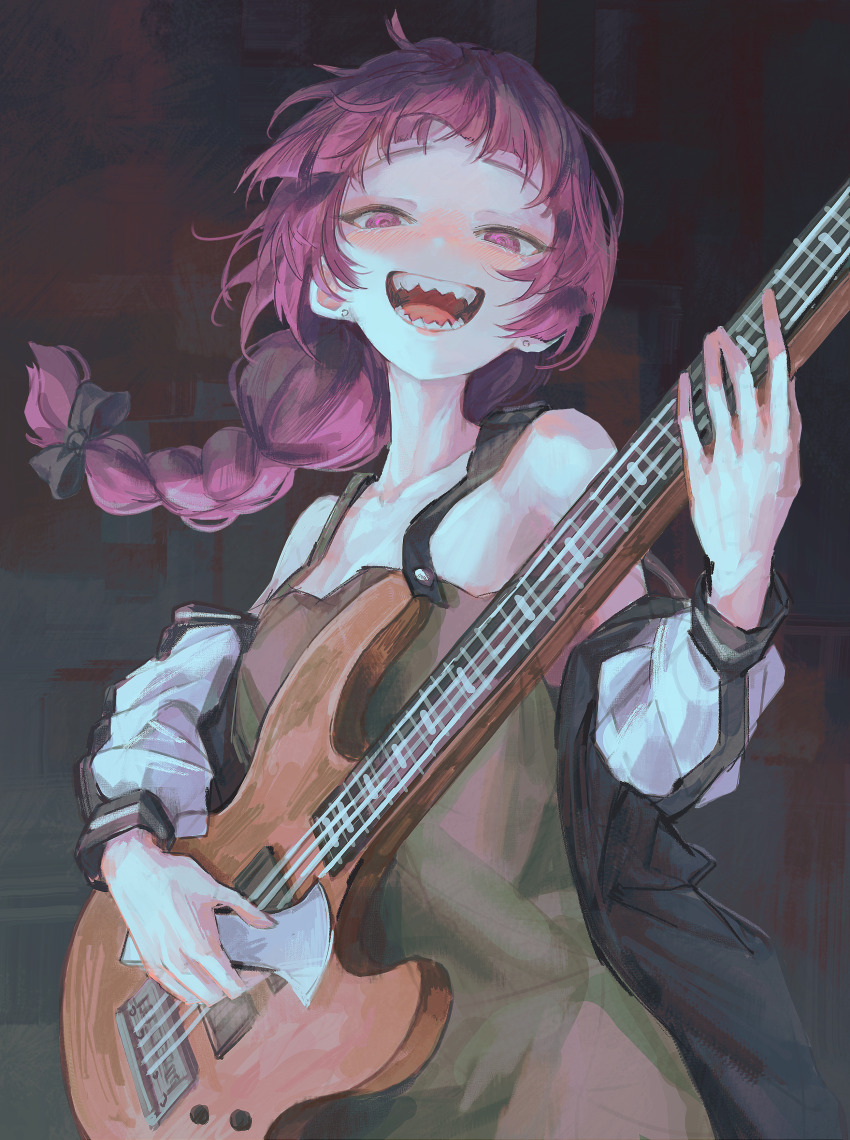 1girl absurdres bass_guitar bocchi_the_rock! bow braid commentary dress earrings endroll00 green_dress hair_bow highres hiroi_kikuri instrument jewelry long_hair playing_guitar sharp_teeth single_braid smile solo stud_earrings teeth