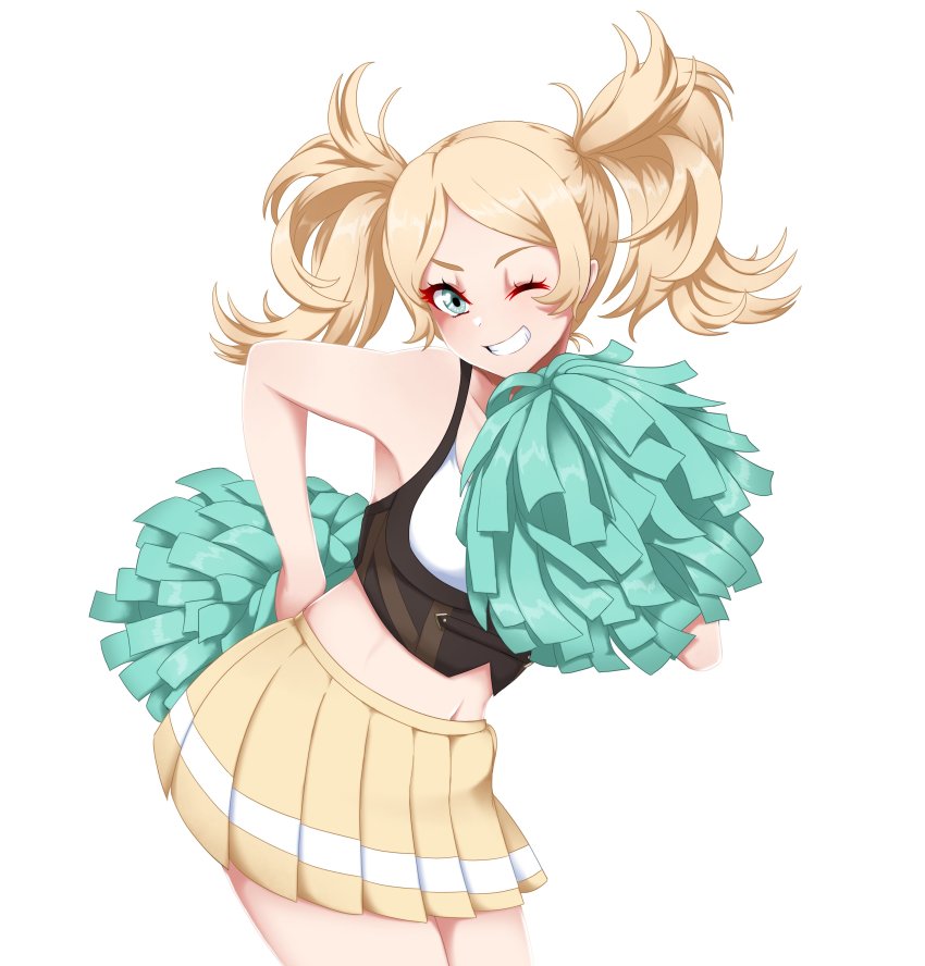 1girl absurdres blonde_hair blue_eyes cheerleader crop_top fire_emblem fire_emblem_awakening highres lissa_(fire_emblem) long_hair miniskirt navel nintendo one_eye_closed pom_pom_(cheerleading) seityr skirt solo twintails undershirt wink