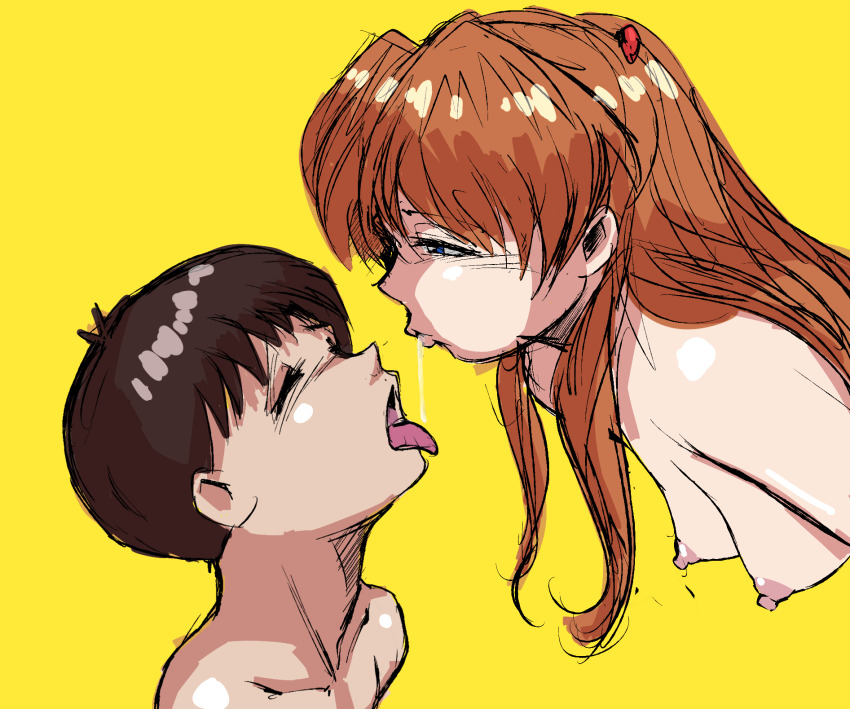 1boy 1girl assertive_female breasts closed_eyes completely_nude femdom hetero highres ikari_shinji looking_at_another medium_breasts neon_genesis_evangelion nipples nude open_mouth orange_hair saliva saliva_swap shiny_skin simple_background souryuu_asuka_langley spit_in_mouth spitting tongue tongue_out yashiro_a._marino yellow_background