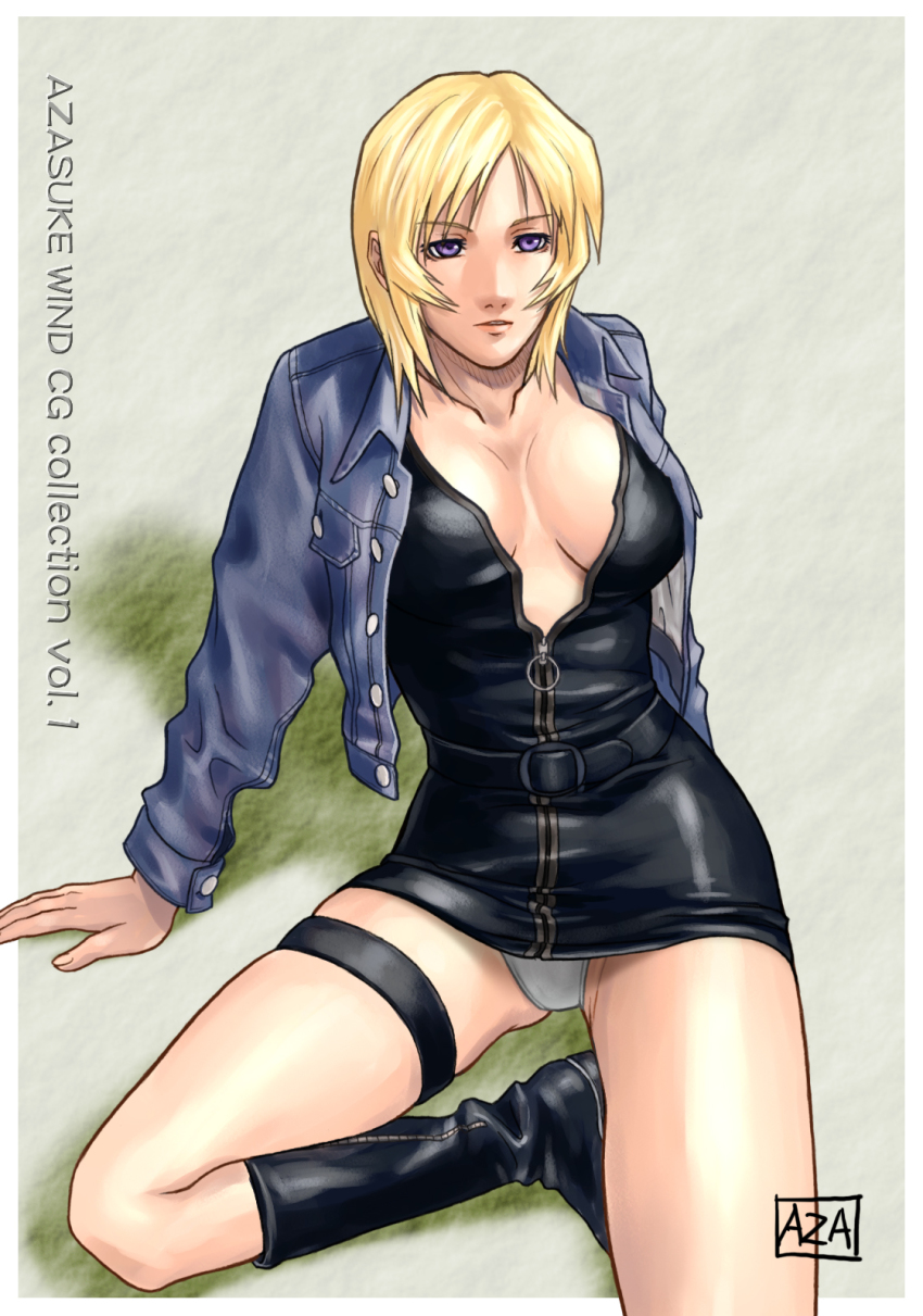 1girl aya_brea azasuke blonde_hair breasts cleavage female_focus highres leather non-web_source open_clothes open_shirt panties pantyshot parasite_eve_(series) parasite_eve_ii shirt solo thigh_strap underwear