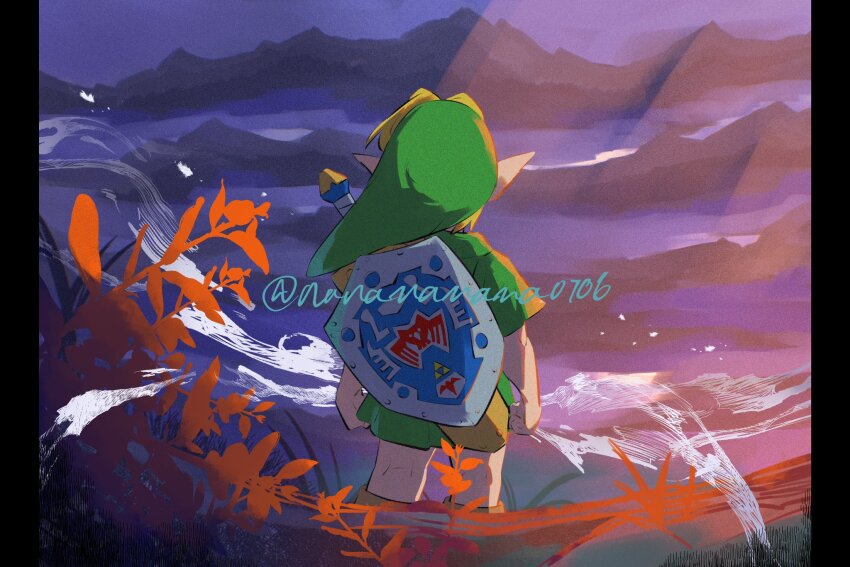 1boy blonde_hair boots from_behind hat highres link mountain mountainous_horizon nanananana0706 nintendo plant purple_background shield shield_on_back solo the_legend_of_zelda the_legend_of_zelda:_majora&#039;s_mask tunic