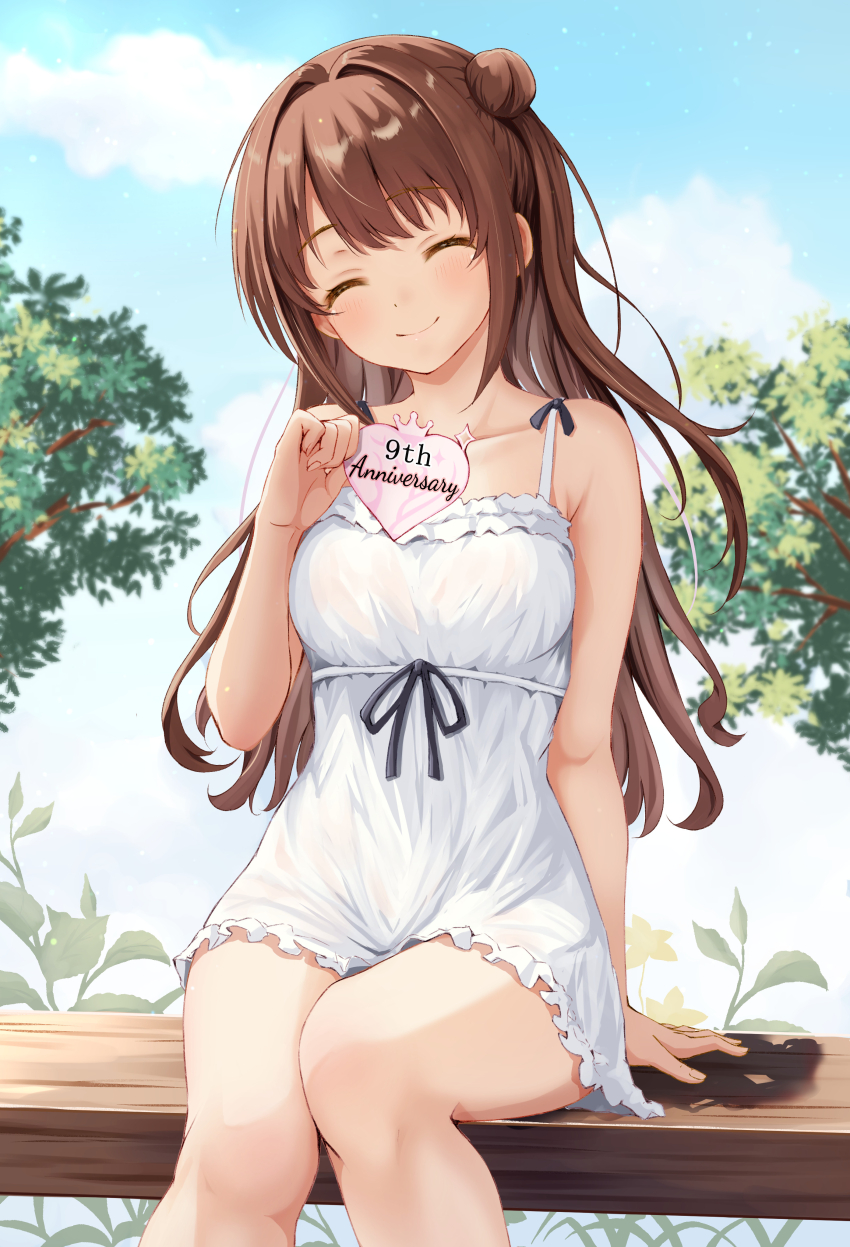 1girl absurdres anniversary arm_support breasts brown_hair ca_paria closed_eyes closed_mouth cloud cloudy_sky collarbone commentary_request day dress facing_viewer frilled_dress frills hair_bun hair_intakes highres idolmaster idolmaster_cinderella_girls long_hair medium_breasts on_bench outdoors plant shimamura_uzuki single_hair_bun sitting sky solo sundress tree white_dress