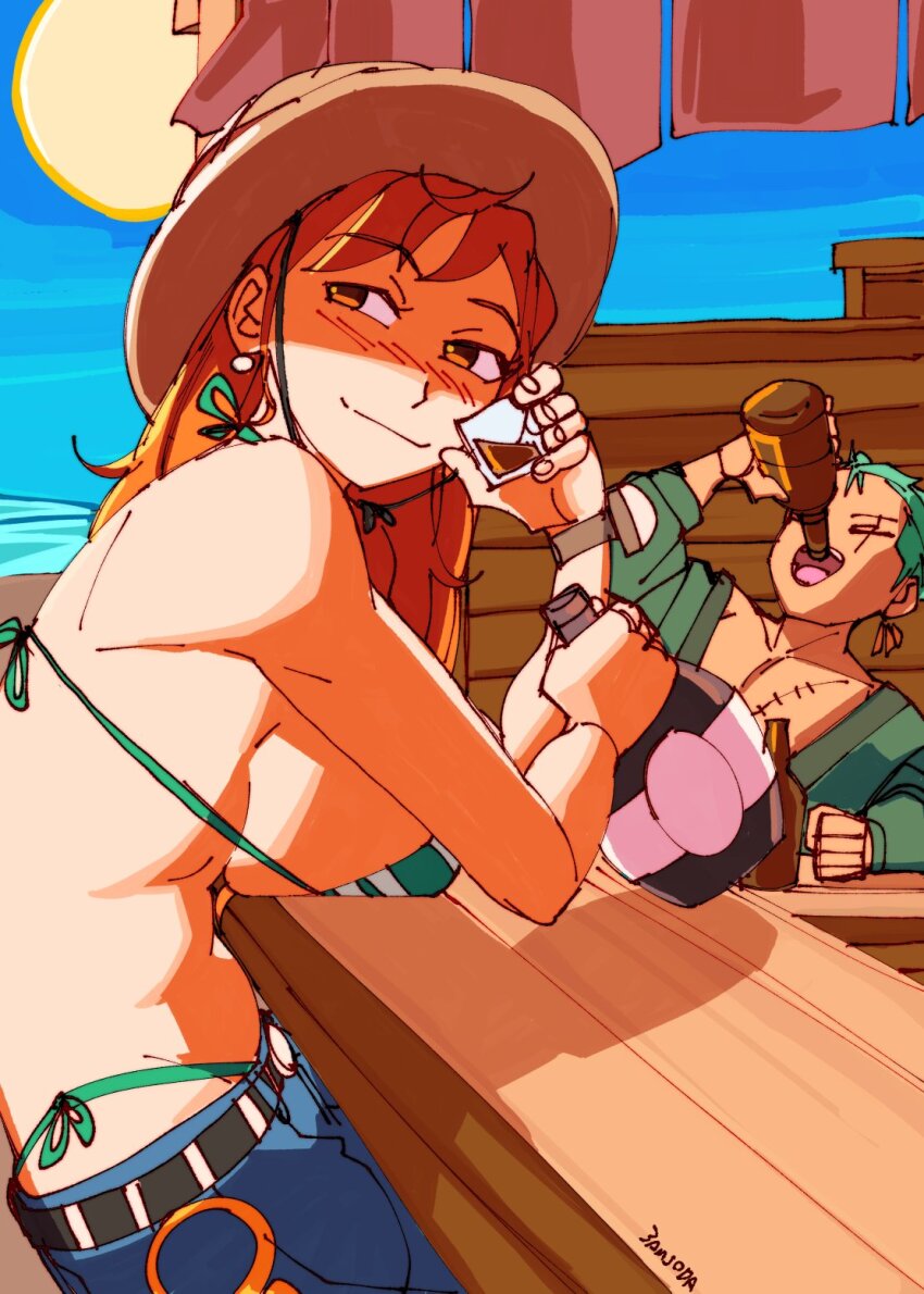 1boy 1girl 3amsoda belt bikini bikini_under_clothes blue_sky blush bottle breast_rest breasts breasts_on_table brown_eyes cup denim drinking drinking_glass drunk glass green_hair hat highres huge_breasts jeans long_hair looking_at_viewer nami_(one_piece) one_piece orange_hair pants roronoa_zoro sky smile straw_hat sun swimsuit