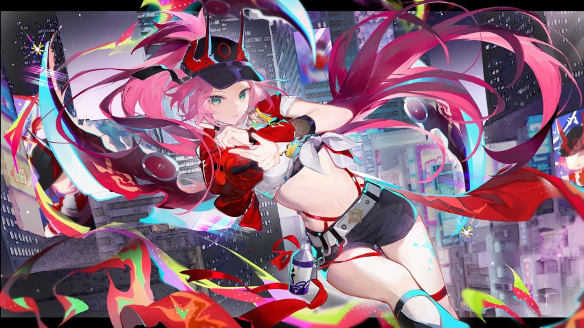 1girl absurdres asymmetrical_sleeves baseball_cap belt black_hat black_shorts floating_hair green_eyes hands_up hat highres honkai:_star_rail honkai_(series) long_hair long_sleeves looking_at_viewer navel outdoors parted_lips pink_hair qianqianjie rappa_(honkai:_star_rail) reaching reaching_towards_viewer shirt short_sleeves shorts solo spray_can stomach thigh_belt thigh_strap uneven_sleeves very_long_hair white_belt white_shirt