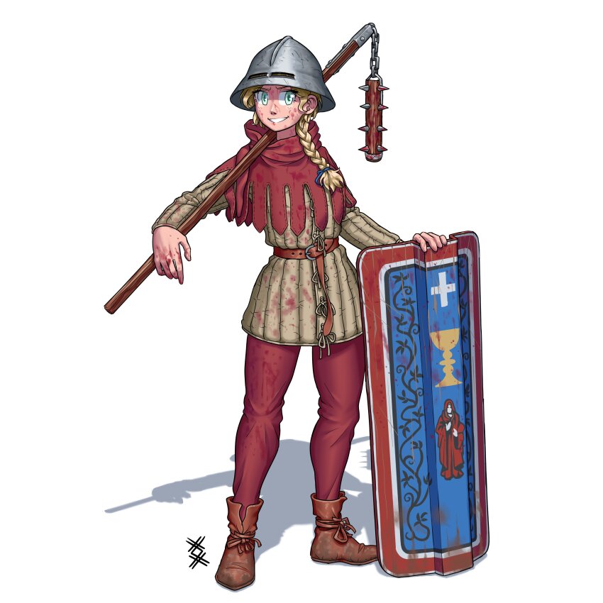 belt blonde_hair blood blue_eyes boots chalice christianity cross cup europe groznyi helmet hussite medieval medieval_clothing shield tagme weapon