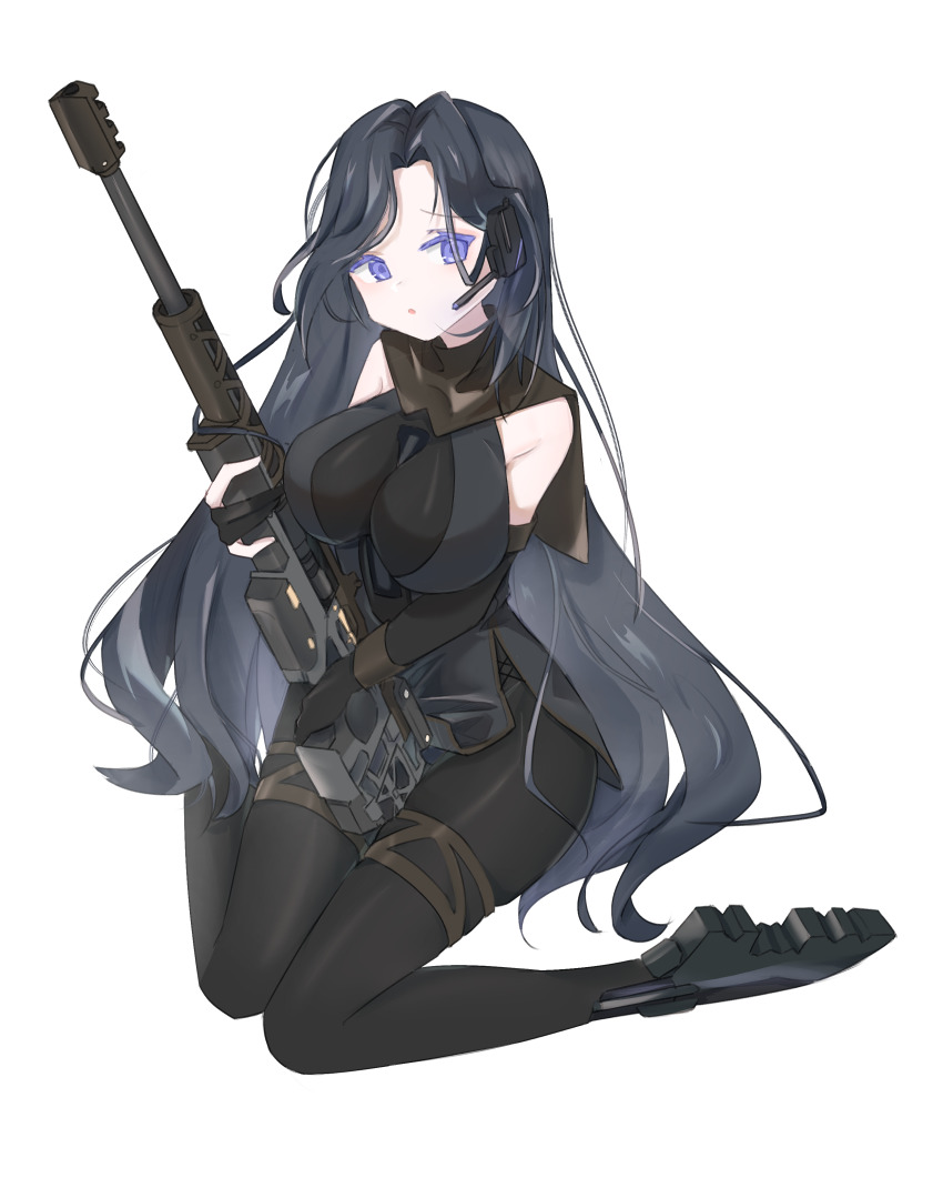 1girl :o absurdres apex_legends black_bodysuit black_capelet black_dress black_footwear black_hair blue_eyes bodysuit breasts capelet chinese_commentary dress gun headset highres holding holding_gun holding_weapon jewelry large_breasts long_hair looking_to_the_side open_mouth personification qiu_ri rifle sentinel_esr sitting skindentation sniper_rifle solo thighlet very_long_hair wariza weapon white_background