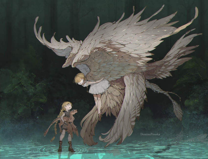 2girls artist_name blonde_hair boots braid brown_footwear child closed_eyes demizu_posuka dinosaur dress feathered_wings forest long_hair looking_at_another multiple_girls nature original outdoors ripples sleeveless standing tree twin_braids water white_dress wings