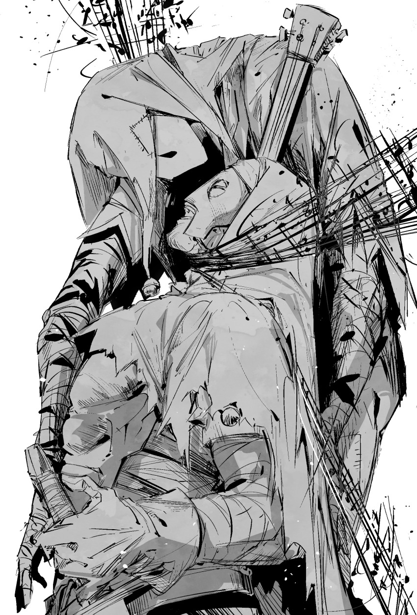 2boys 6cheetah absurdres arm_wrap cloak darkest_dungeon eye_contact gloves greyscale highres instrument jester_(darkest_dungeon) leper_(darkest_dungeon) looking_at_another lute_(instrument) male_focus mask monochrome multiple_boys musical_note open_mouth profile simple_background sketch staff_(music) sword teeth torn_cloak torn_clothes weapon white_background