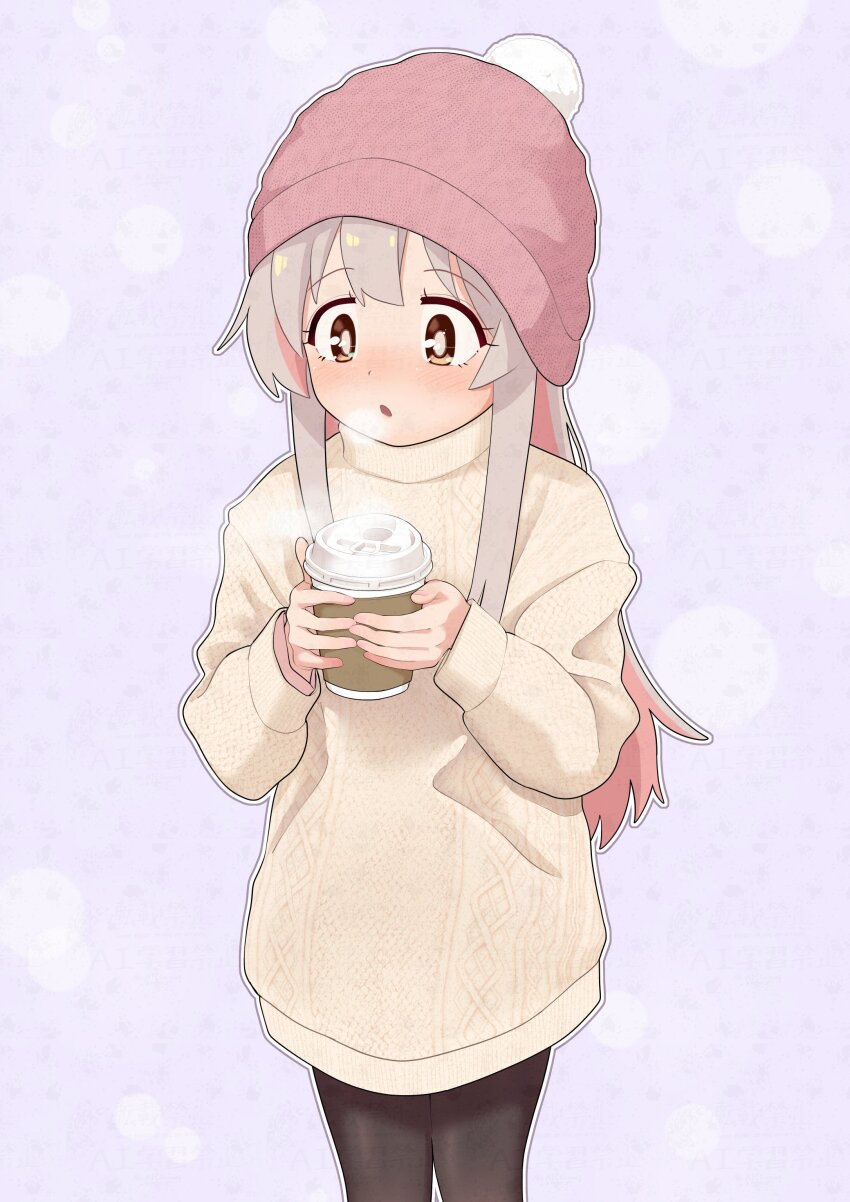 1girl absurdres alternate_costume beanie black_pantyhose blush brown_eyes cable_knit colored_inner_hair commentary cup disposable_cup grey_hair happyundergate hat highres holding holding_cup long_hair long_sleeves multicolored_hair nose_blush onii-chan_wa_oshimai! open_mouth outline oyama_mahiro pantyhose pink_hair pink_hat pom_pom_(clothes) purple_background simple_background solo steam sweater two-tone_hair white_outline yellow_sweater