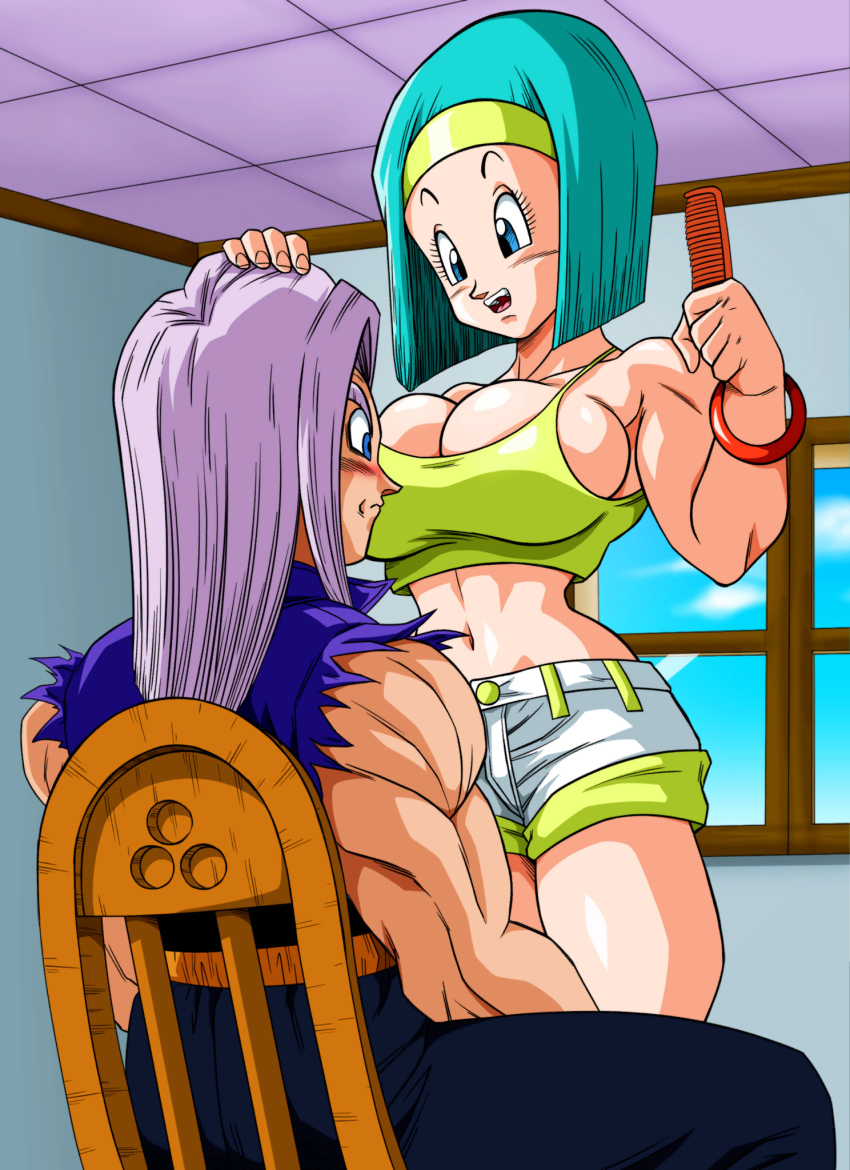 1boy 1girl blue_eyes blue_hair blush breasts bulma dragon_ball large_breasts long_hair mother_and_son muscular muscular_male purple_hair tagme thick_thighs thighs trunks_(dragon_ball) trunks_(future)_(dragon_ball) yamamoto_doujin