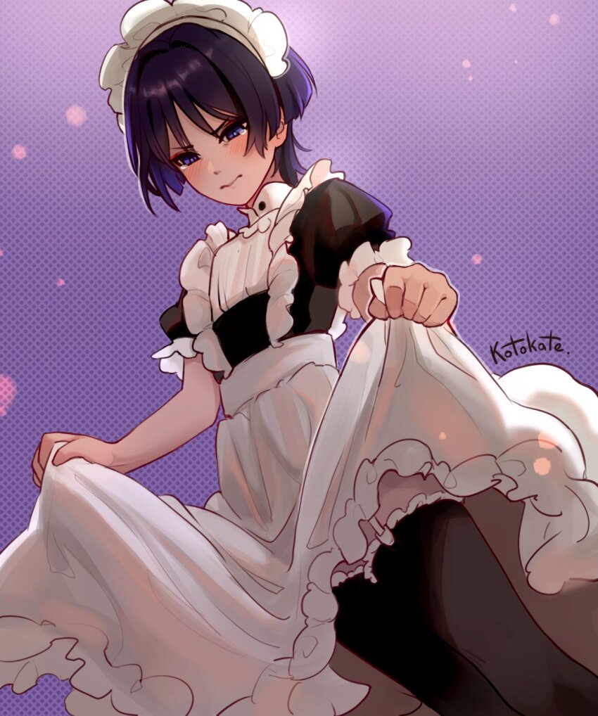 1boy alternate_costume apron apron_grab apron_lift artist_name black_hair black_sleeves black_thighhighs blunt_ends blush closed_mouth clothes_grab clothes_lift crossdressing curtsey embarrassed eyeliner eyeshadow frilled_apron frilled_headwear frilled_sleeves frilled_thighhighs frills from_below garter_belt genshin_impact hair_intakes highres juliet_sleeves kotokate long_sleeves looking_down maid maid_apron maid_headdress makeup male_focus male_maid puffy_sleeves purple_background purple_eyes pursed_lips red_eyeliner red_eyeshadow scaramouche_(genshin_impact) solo tearing_up tears thighhighs trap white_apron white_headdress