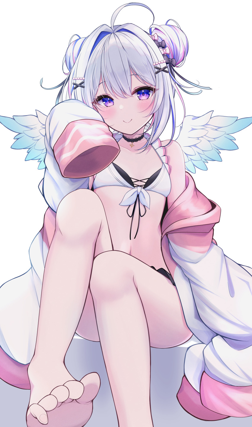 1girl absurdres ahoge amane_kanata amane_kanata_(summer) angel angel_wings barefoot bikini black_choker blue_hair blush breasts choker closed_mouth collarbone colored_inner_hair double_bun feathered_wings feet foot_out_of_frame frilled_bikini frills front-tie_bikini_top front-tie_top gradient_wings grey_hair hair_between_eyes hair_bun hair_ornament hairclip hand_up highres hololive jacket legs long_sleeves looking_at_viewer multicolored_hair multicolored_wings navel off_shoulder official_alternate_costume official_alternate_hairstyle open_clothes open_jacket pink_hair purple_eyes simple_background single_hair_intake sitting sleeves_past_fingers sleeves_past_wrists small_breasts smile soles solo stomach streaked_hair swimsuit thighs toes virtual_youtuber white_background white_bikini white_jacket white_wings wings x_hair_ornament yogur_0311