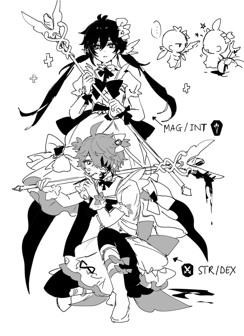 2girls alternate_costume alternate_hairstyle bow bowtie chibi genderswap genderswap_(mtf) genshin_impact greyscale hamtaru542899 lace magical_girl monochrome mors_gn multiple_girls tartaglia_(genshin_impact) twitter white_background zhongli_(genshin_impact)