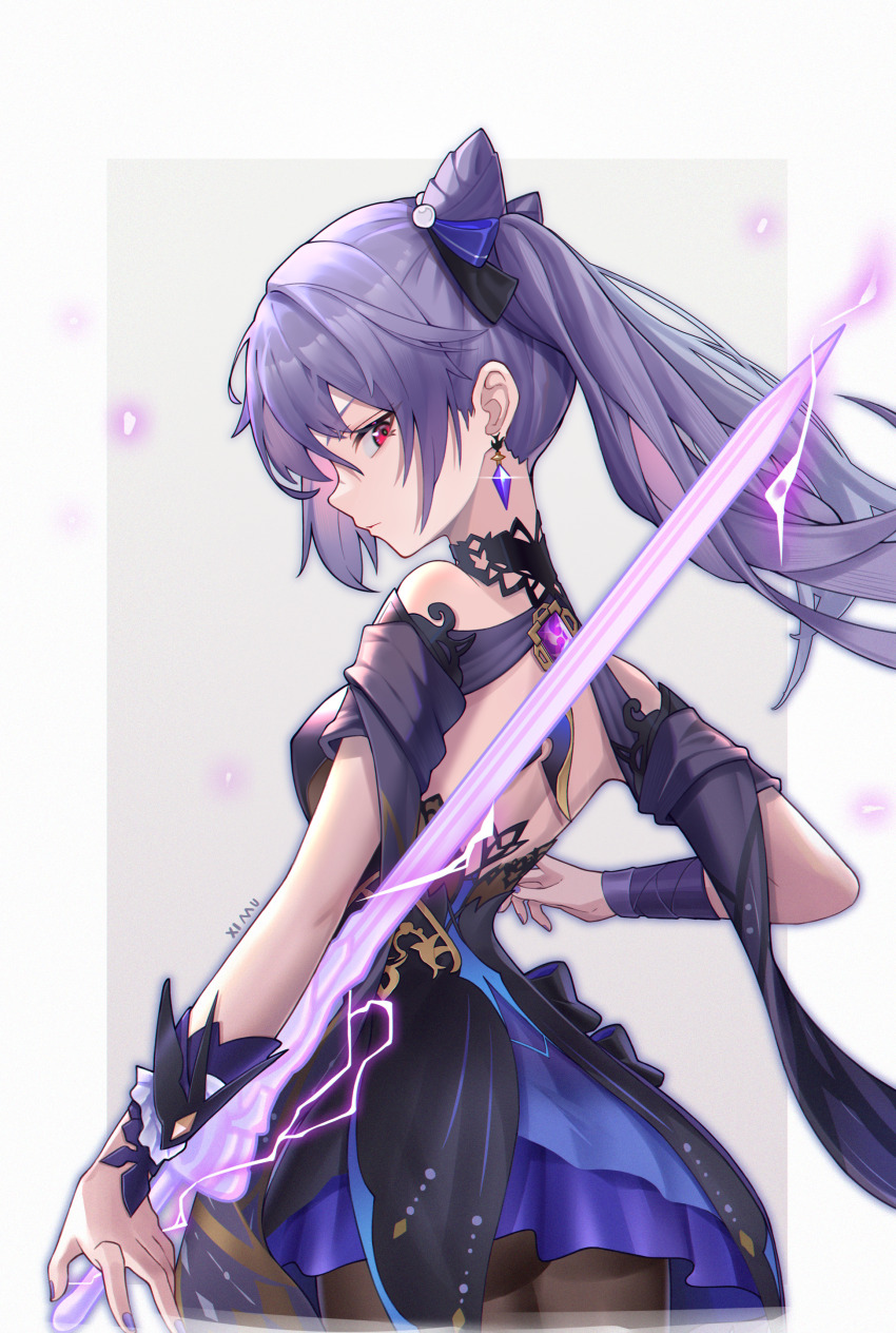 1girl absurdres ass back bare_shoulders black_dress black_pantyhose breasts cone_hair_bun detached_sleeves double_bun dress from_behind genshin_impact hair_bun hair_ears highres holding holding_sword holding_weapon keqing_(genshin_impact) keqing_(opulent_splendor)_(genshin_impact) long_hair looking_at_viewer looking_back medium_breasts multicolored_clothes multicolored_dress nishiki_(952451321) official_alternate_costume pantyhose pearl_hair_ornament purple_eyes purple_hair solo strapless strapless_dress sword twintails two-tone_dress vision_(genshin_impact) weapon