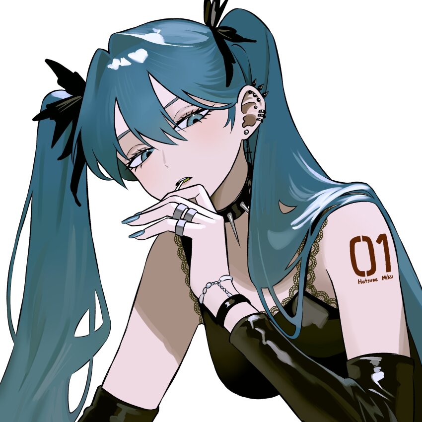 1girl absurdres bare_shoulders black_sleeves black_tank_top blue_eyes blue_hair blue_nails bracelet candy detached_sleeves ear_piercing earrings food food_in_mouth hatsune_miku highres jewelry lace-trimmed_tank_top lollipop long_hair looking_at_viewer number_tattoo piercing ring shoulder_tattoo simple_background solo tank_top tattoo twintails very_long_hair vocaloid white_background zeon_(zzeeonn)