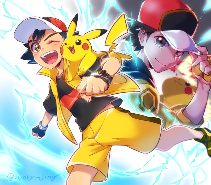 2boys alternate_color ash_ketchum black_eyes black_hair black_shirt bracelet brown_eyes creatures_(company) dynamax_band electricity fingerless_gloves game_freak gen_1_pokemon gigantamax gigantamax_pikachu gloves hat highres ivory_(25680nico) jacket jewelry mega_stone multiple_boys nintendo one_eye_closed open_clothes open_jacket open_mouth pikachu pokemon pokemon_(creature) pokemon_masters_ex red_(pokemon) red_(sygna_suit)_(thunderbolt)_(pokemon) shirt short_hair shorts single_fingerless_glove single_glove sleeveless sleeveless_jacket teeth twitter_username upper_teeth_only yellow_footwear yellow_shorts z-ring