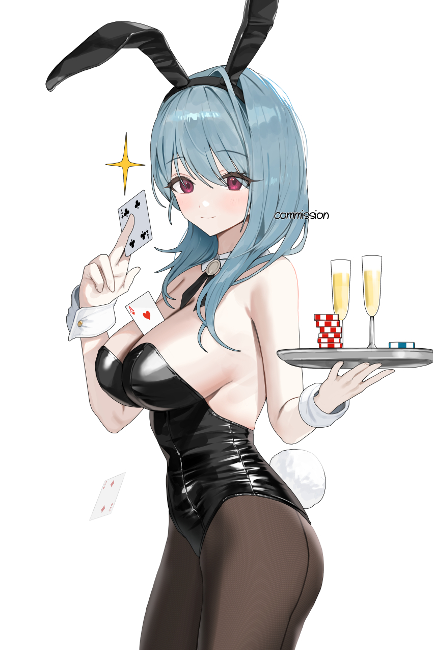 1girl absurdres ace_(playing_card) ace_of_hearts alcohol animal_ears between_breasts between_fingers black_leotard black_pantyhose black_ribbon blue_hair blush breasts card card_between_breasts card_between_fingers champagne cleavage closed_mouth club_(shape) cocktail_glass commission contrapposto cowboy_shot cup detached_collar drinking_glass fake_animal_ears hair_between_eyes heart highres holding holding_tray huge_breasts leotard long_hair looking_at_viewer neck_ribbon original pantyhose pink_eyes playboy_bunny playing_card poker_chip puckjjick_(belbesi19) rabbit_ears rabbit_tail ribbon sidelocks simple_background smile solo sparkle strapless strapless_leotard tail tray white_background white_wrist_cuffs wrist_cuffs