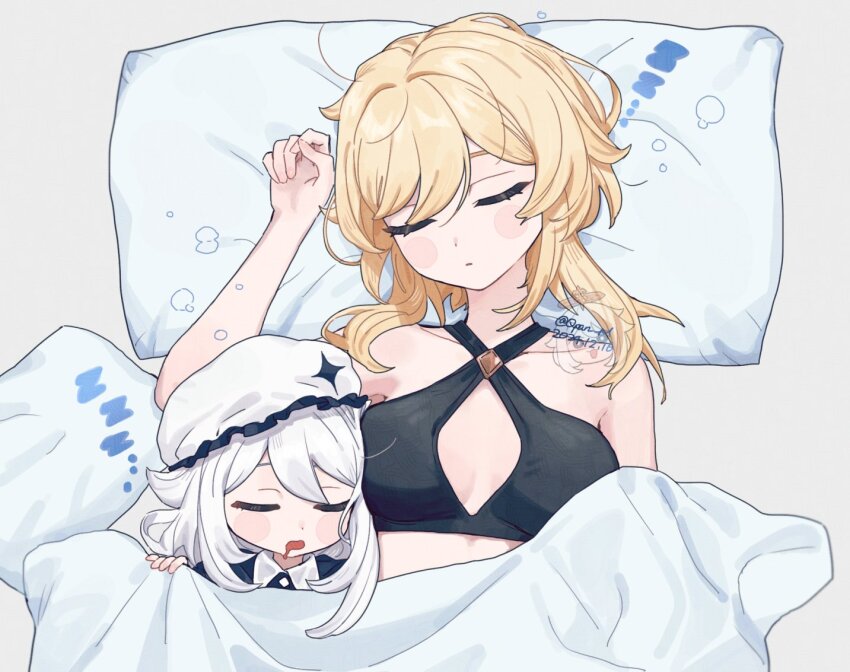 2girls arm_up bare_shoulders bed_sheet black_bra blanket blonde_hair blush bra breasts cleavage closed_eyes closed_mouth collared_shirt commentary commentary_request cross-laced_clothes cross-laced_top dated drooling genshin_impact grey_background hair_between_eyes hair_ornament hat head_on_pillow lumine_(genshin_impact) lying medium_breasts mouth_drool multiple_girls on_back on_bed open_mouth paimon_(genshin_impact) pillow q_(oshikuraq) shirt short_hair sidelocks simple_background sleeping sleeveless twitter_username under_covers underwear upper_body white_hair zzz