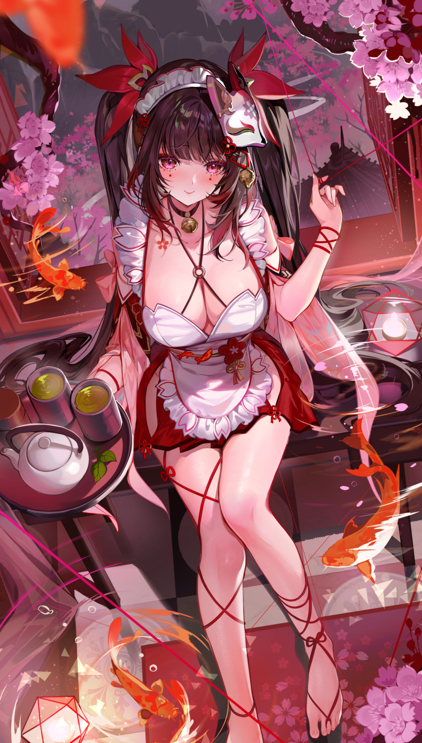 absurdres akizero1510 alternate_costume bare_shoulders barefoot breasts brown_hair cherry_blossoms circle_facial_mark cleavage closed_mouth collarbone commentary criss-cross_halter cup dress enmaided facial_mark feet flower_tattoo fox_mask from_above halterneck hand_up highres holding holding_tray honkai:_star_rail honkai_(series) kettle koi large_breasts legs looking_at_viewer maid maid_headdress mark_under_both_eyes mask mask_on_head red_dress red_eyes shoulder_tattoo sidelocks sitting smile sparkle_(honkai:_star_rail) tattoo teacup toes tray twintails