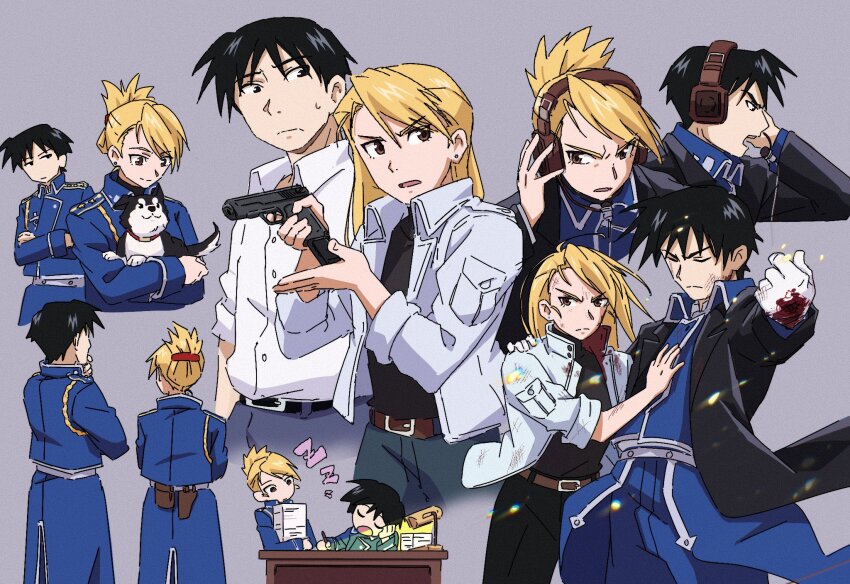 1boy 1girl amestris_military_uniform animal belt black_hair black_hayate bleu_calire blonde_hair blood blood_on_hands brown_eyes closed_eyes collared_shirt commentary_request crossed_arms dog french_commentary fullmetal_alchemist gloves grey_background gun hair_bun headset highres holding holding_animal holding_dog holding_gun holding_paper holding_weapon long_hair looking_at_viewer looking_to_the_side multiple_views paper riza_hawkeye roy_mustang shirt simple_background sleeping sweatdrop upper_body weapon white_gloves zzz