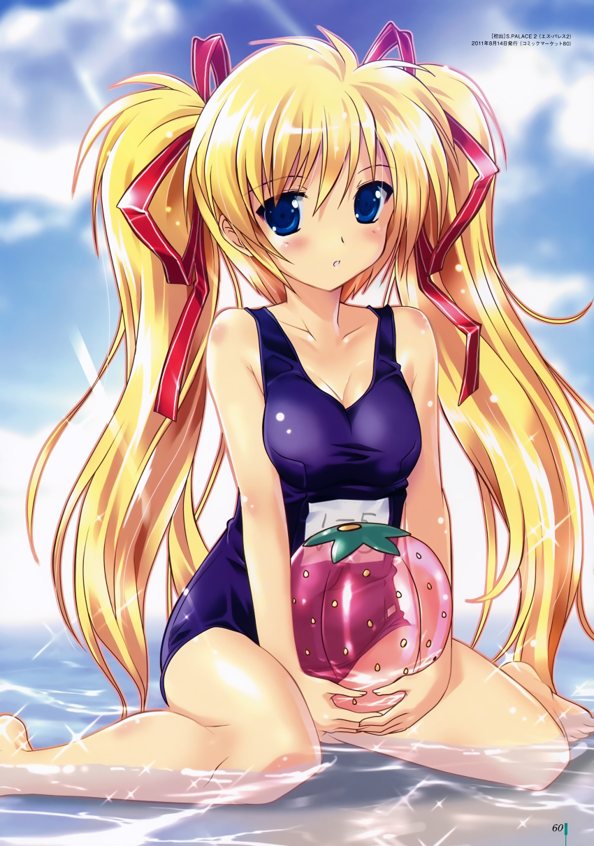 1girl absurdres barefoot blonde_hair blue_eyes blush day hagano_ichigo highres komatsu_eiji long_hair non-web_source one-piece_swimsuit original school_swimsuit sitting sky swimsuit twintails water