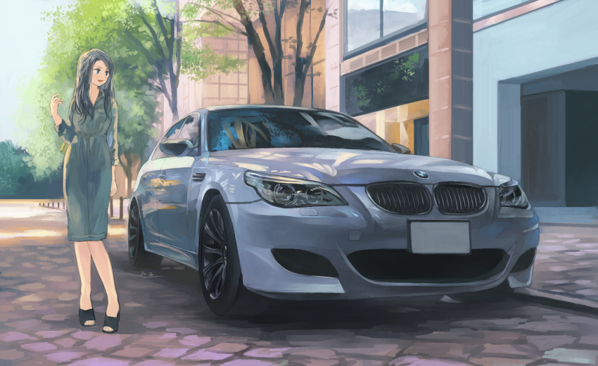 black_hair blue_eyes bmw bmw_m5 car dress green_dress highres looking_to_the_side momo_hiki motor_vehicle open_mouth original personification tree vehicle_and_personification vehicle_focus