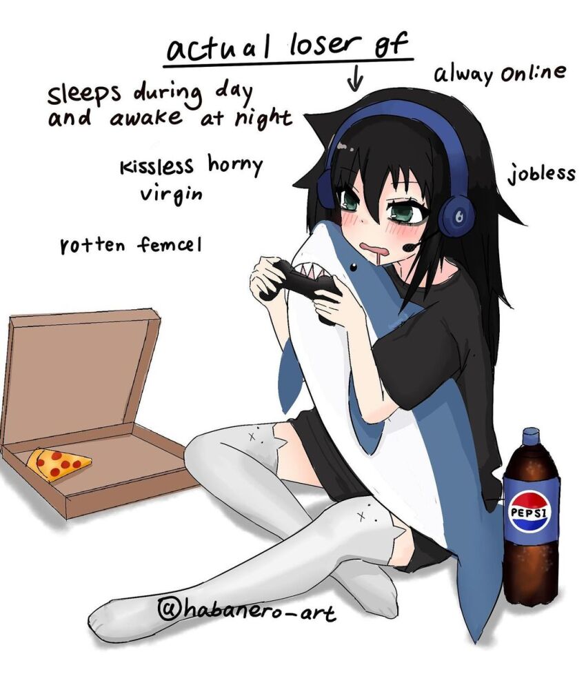 1girl artist_name black_hair black_shirt blush cat_thighhighs controller english_text food game_controller green_eyes habanero_art headphones headset highres kuroki_tomoko pepsi pizza pizza_box pizza_slice shark shirt solo thighhighs watashi_ga_motenai_no_wa_dou_kangaetemo_omaera_ga_warui! white_background