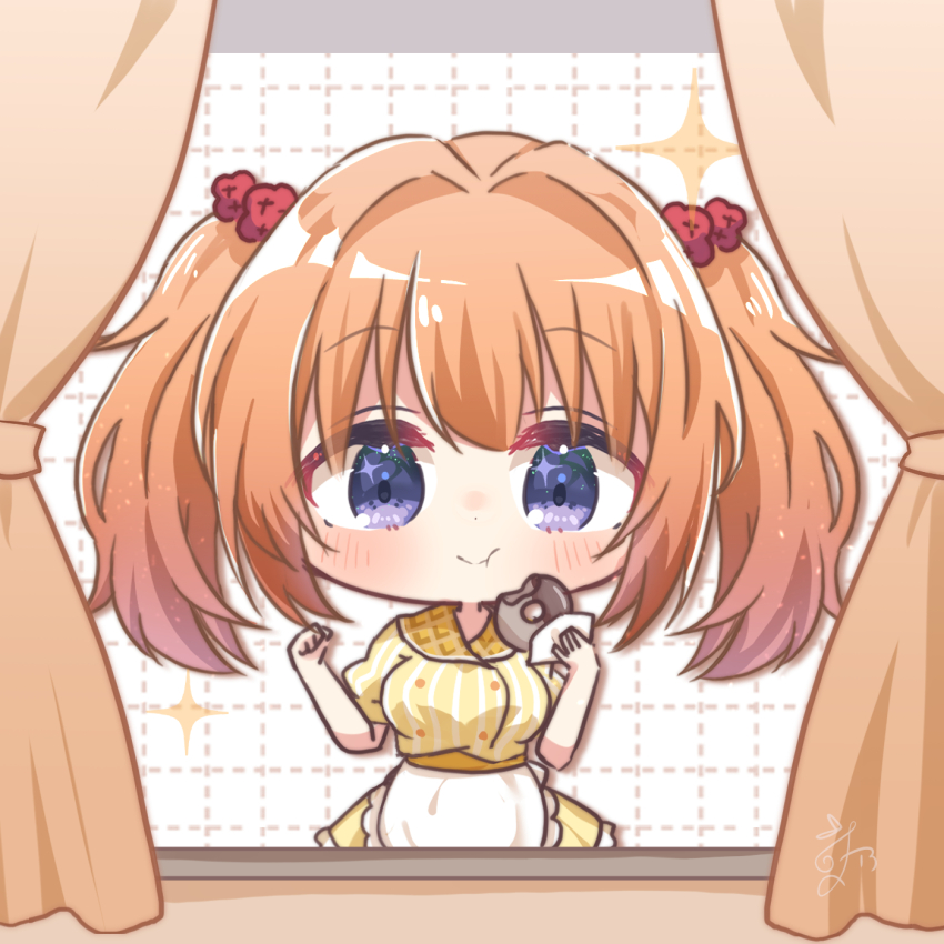 1girl :t apron blush buttons cafe_stella_to_shinigami_no_chou chibi closed_mouth cowboy_shot curtains double-breasted doughnut eating food frilled_apron frills hair_intakes hair_ornament hands_up happy hashtag-only_commentary highres holding holding_doughnut holding_food long_hair looking_at_viewer orange_hair plaid_clothes plaid_collar puffy_short_sleeves puffy_sleeves purple_eyes shirt short_sleeves simple_background skirt smile solo sparkle sparkling_eyes striped_clothes striped_shirt sumizome_nozomi tareme twintails utuigawa vertical-striped_clothes vertical-striped_shirt waist_apron waitress white_apron white_background window yellow_shirt yellow_skirt