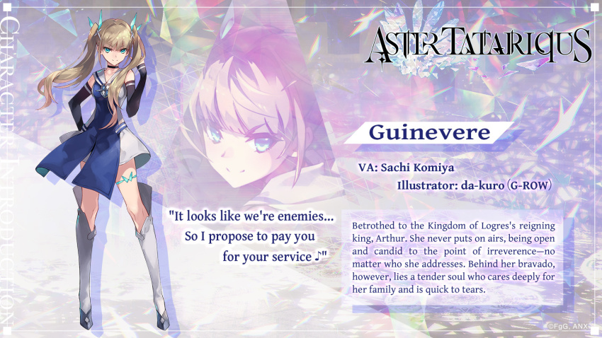 1girl aqua_eyes artist_name aster_tatariqus blonde_hair boots breasts catchphrase character_name da-kuro detached_sleeves dress english_text full_body guinevere_(aster_tatariqus) hand_on_own_hip highres information_sheet long_hair looking_at_viewer medium_breasts purple_background skirt smile twintails