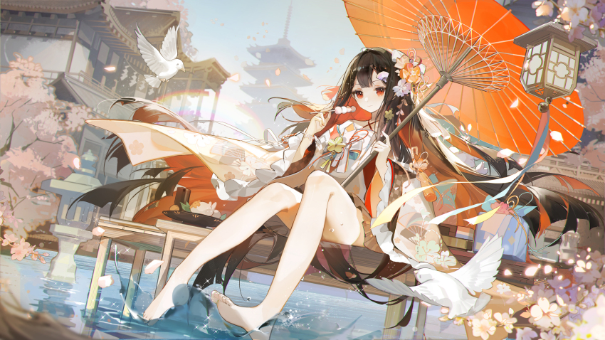 absurdres bare_legs barefoot benghuai_xueyuan bird black_hair character_request closed_mouth dango flower food hair_flower hair_ornament highres holding holding_food honkai_(series) japanese_clothes long_hair long_sleeves multicolored_hair oil-paper_umbrella pleated_skirt red_eyes red_hair ruoganzhao sitting skirt smile solo straight_hair umbrella wagashi wide_sleeves