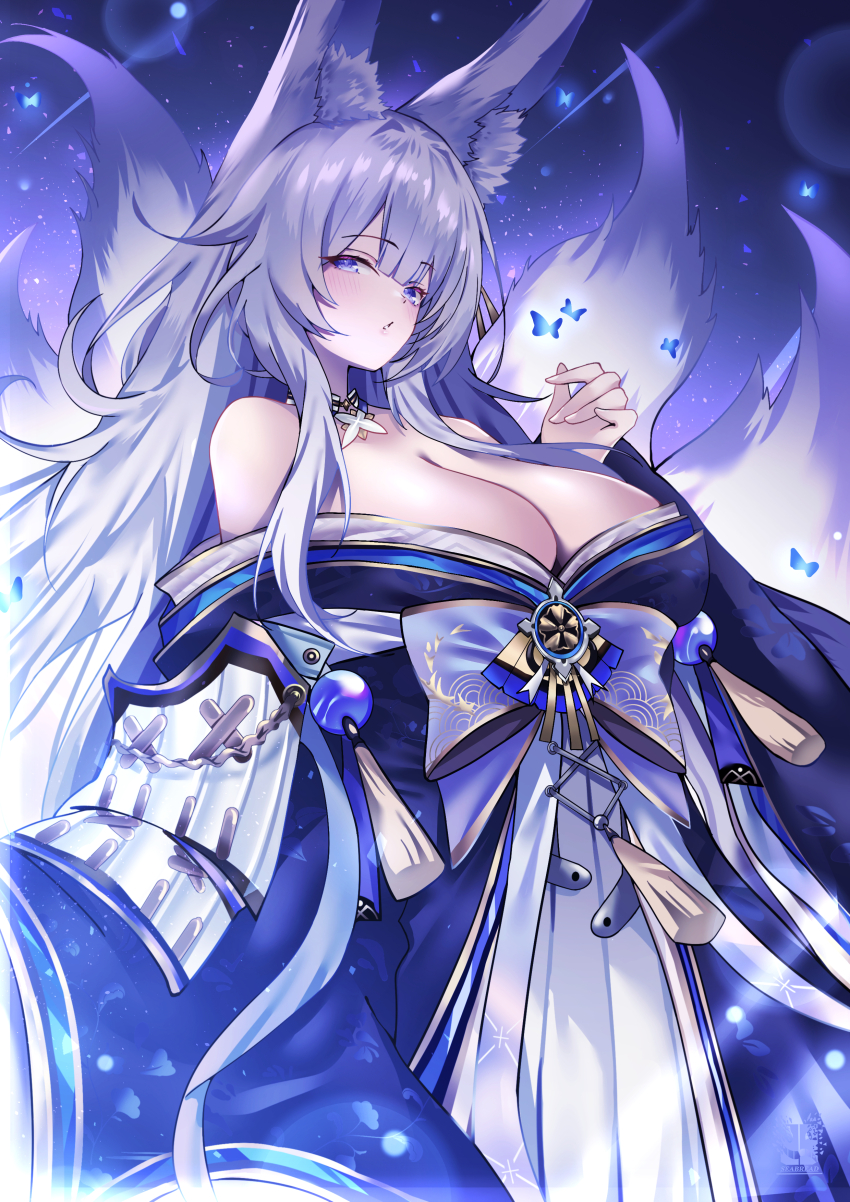 1girl absurdres animal_ear_fluff animal_ears azur_lane bare_shoulders blue_butterfly blue_collar breasts bug butterfly cleavage collar commentary_request fox_ears fox_girl fox_tail gold_trim grey_hair highres huge_breasts insect kitsune kyuubi large_tail long_hair long_sleeves looking_at_viewer multiple_tails purple_eyes seabread shinano_(azur_lane) solo tail very_long_hair white_tail wide_sleeves