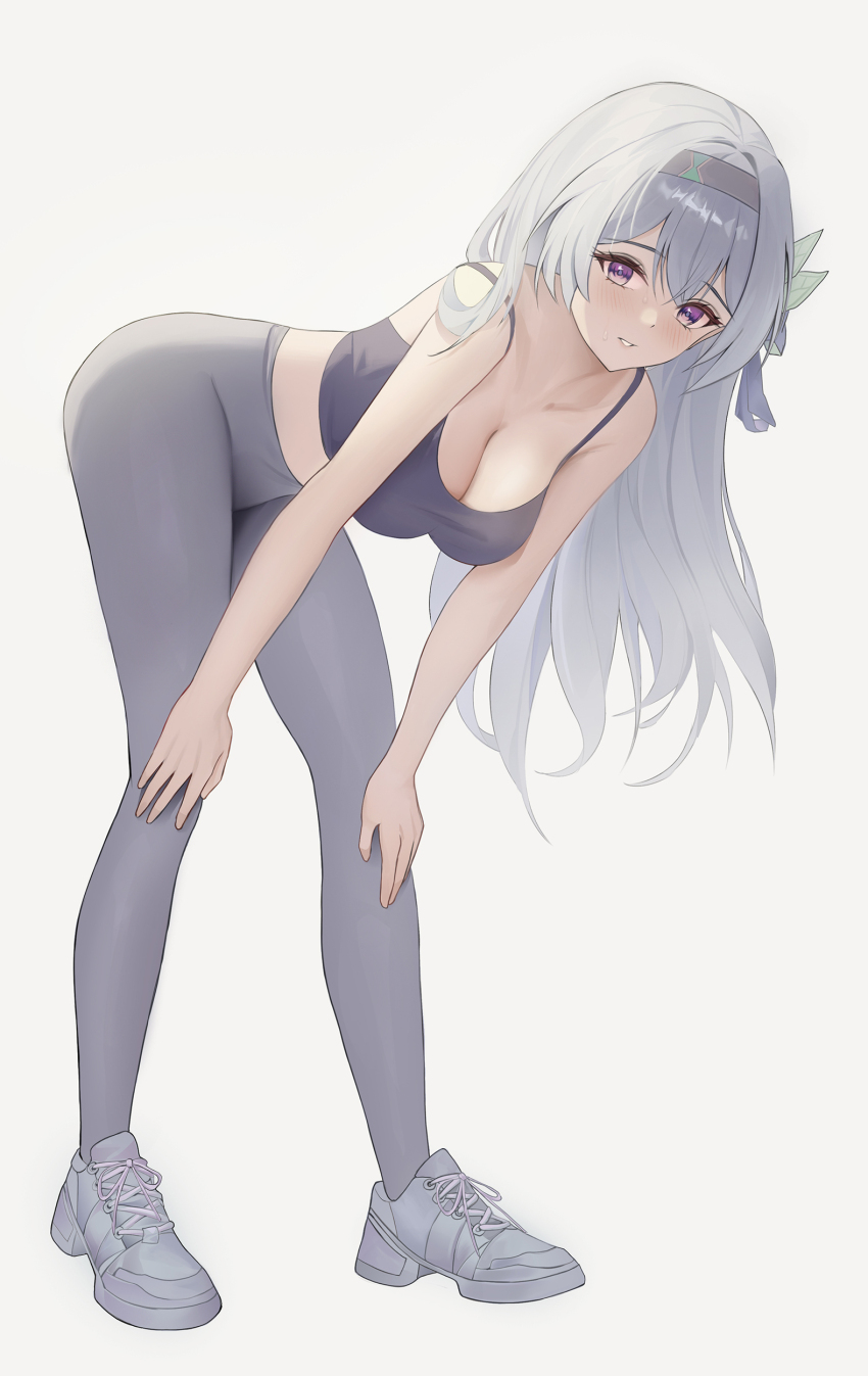 1girl absurdres alternate_costume bent_over breasts c.u.b.e camisole commentary_request crop_top firefly_(honkai:_star_rail) grey_background grey_hair grey_hairband grey_pants hairband highres honkai:_star_rail honkai_(series) large_breasts leggings long_hair looking_at_viewer midriff pants parted_lips purple_eyes shoes simple_background sneakers solo spaghetti_strap standing very_long_hair