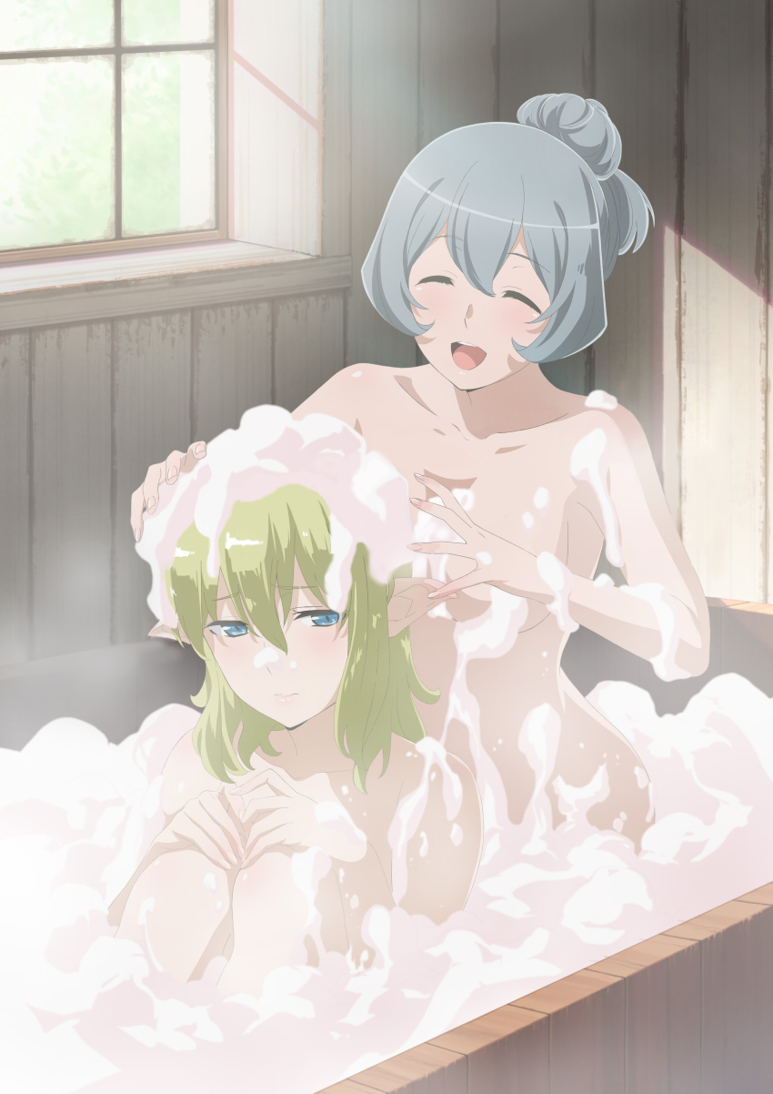 2girls absurdres bare_shoulders bath bathing bathtub blue_eyes blush breasts closed_eyes collarbone dot_nose dungeon_ni_deai_wo_motomeru_no_wa_machigatteiru_darou_ka elf female_focus foam green_hair grey_hair highres kimoto_shigeki long_ears long_hair medium_breasts multiple_girls nude official_art open_mouth pointy_ears ponytail ryu_lion scan short_hair sitting smile syr_flover teeth upper_teeth_only window