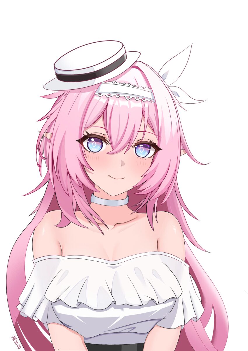 1girl absurdres bare_shoulders blue_eyes choker collarbone elysia_(honkai_impact) gradient_eyes hair_ribbon hairband hat highres honkai_(series) honkai_impact_3rd long_hair looking_at_viewer multicolored_eyes off-shoulder_shirt off_shoulder pink_hair pointy_ears purple_eyes ribbon ruabibi shirt short_sleeves simple_background smile solo upper_body very_long_hair white_background white_choker white_hairband white_hat white_ribbon white_shirt