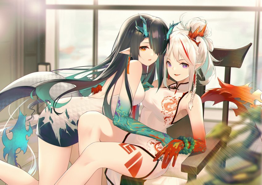 2girls :d arknights ass bare_arms bare_legs bare_shoulders bead_bracelet beads black_hair bracelet braid breasts china_dress chinese_clothes commentary_request dress dusk_(arknights) hair_over_one_eye highres jewelry jiusan_naitang looking_at_viewer medium_breasts multicolored_hair multiple_girls nian_(arknights) nian_(unfettered_freedom)_(arknights) official_alternate_costume open_mouth parted_lips pointy_ears red_hair siblings silver_hair sisters sleeveless sleeveless_dress smile streaked_hair thighs white_dress