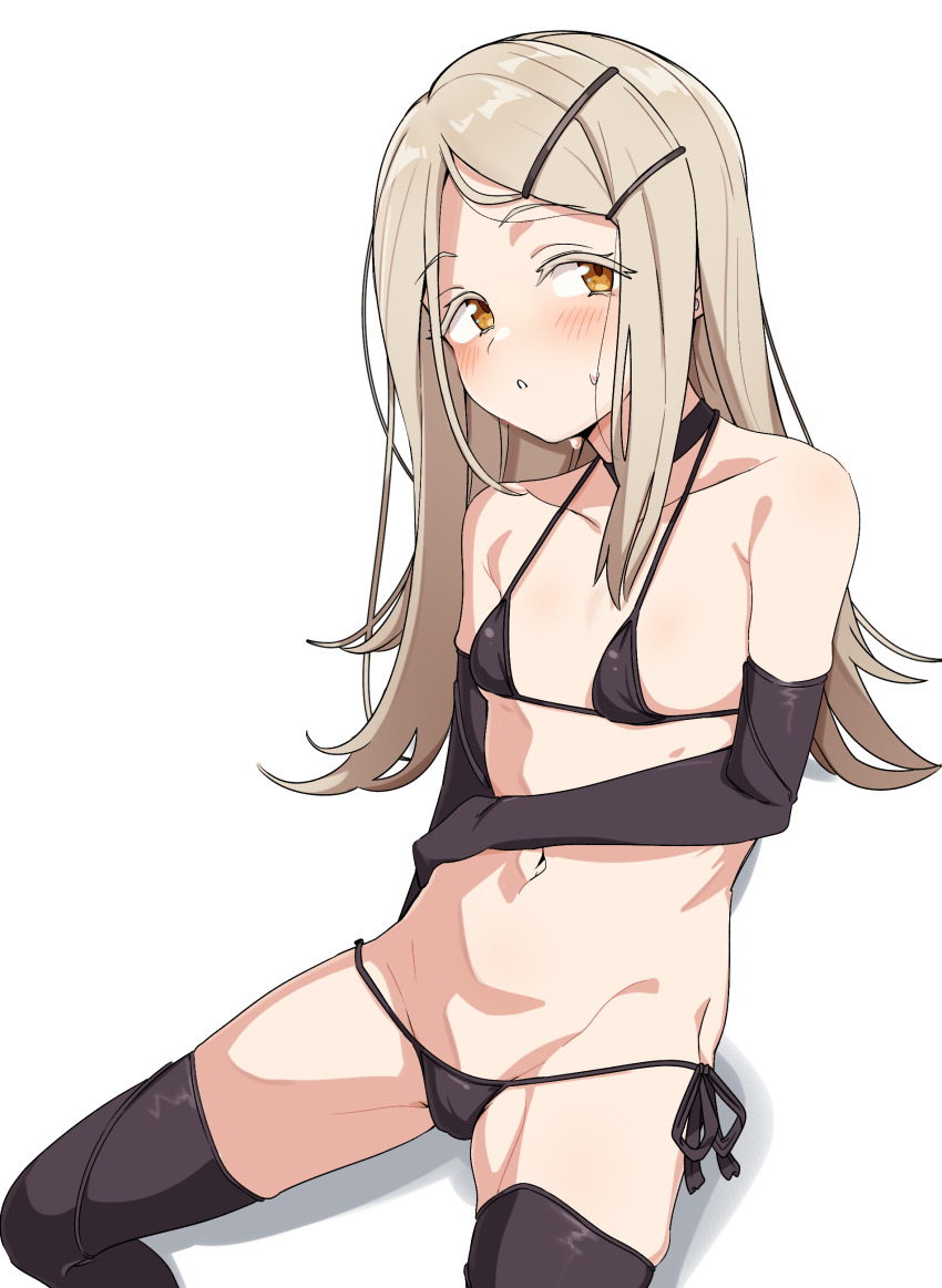 1girl absurdres bare_shoulders bikini black_bikini black_gloves black_thighhighs blonde_hair blush breasts choker collarbone elbow_gloves gakuen_idolmaster gloves hair_ornament hairclip highres idolmaster long_hair looking_at_viewer micro_bikini navel parted_bangs seihekiog shinosawa_hiro small_breasts solo swimsuit thighhighs thighs yellow_eyes