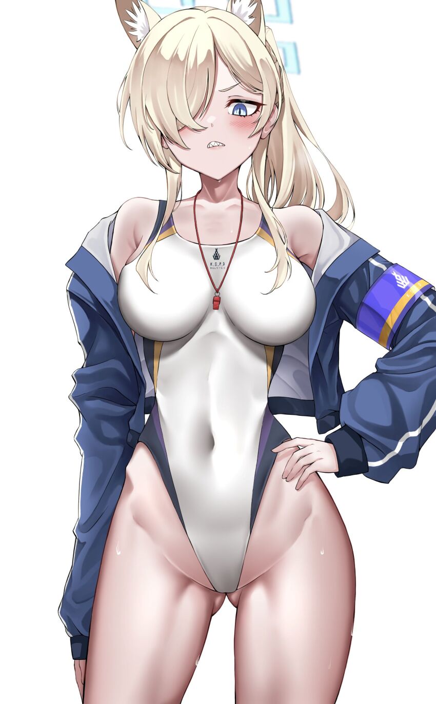 1girl absurdres animal_ear_fluff animal_ears blonde_hair blue_archive blue_eyes blue_halo blue_jacket blush breasts clenched_teeth competition_swimsuit cowboy_shot dog_ears extra_ears gluteal_fold hair_over_one_eye halo hand_on_own_hip highres jacket kanna_(blue_archive) kanna_(swimsuit)_(blue_archive) large_breasts lds_(dstwins97) long_hair long_sleeves looking_at_viewer official_alternate_costume one-piece_swimsuit open_clothes open_jacket revision simple_background solo swimsuit teeth wet whistle whistle_around_neck white_background white_one-piece_swimsuit