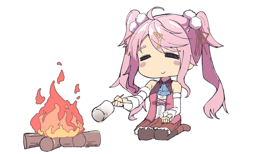 1girl =_= ahoge blush bonfire chibi chibi_only closed_mouth commentary eiyuu_densetsu english_commentary fire food full_body highres kuro_no_kiseki kuro_no_kiseki_(series) kuro_no_kiseki_ii long_hair marshmallow nadia_rayne naisu_(nai_su01) pink_hair roasting seiza simple_background sitting smile solo swept_bangs twintails white_background