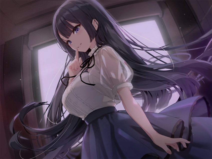 1girl black_bow black_hair blue_skirt blush bow breasts finger_to_mouth high-waist_skirt hime_cut indoors large_breasts layered_skirt long_hair looking_at_viewer original puffy_sleeves purple_eyes sakuma_shiki see-through_clothes see-through_sleeves shirt skirt smile solo upper_body very_long_hair white_shirt window