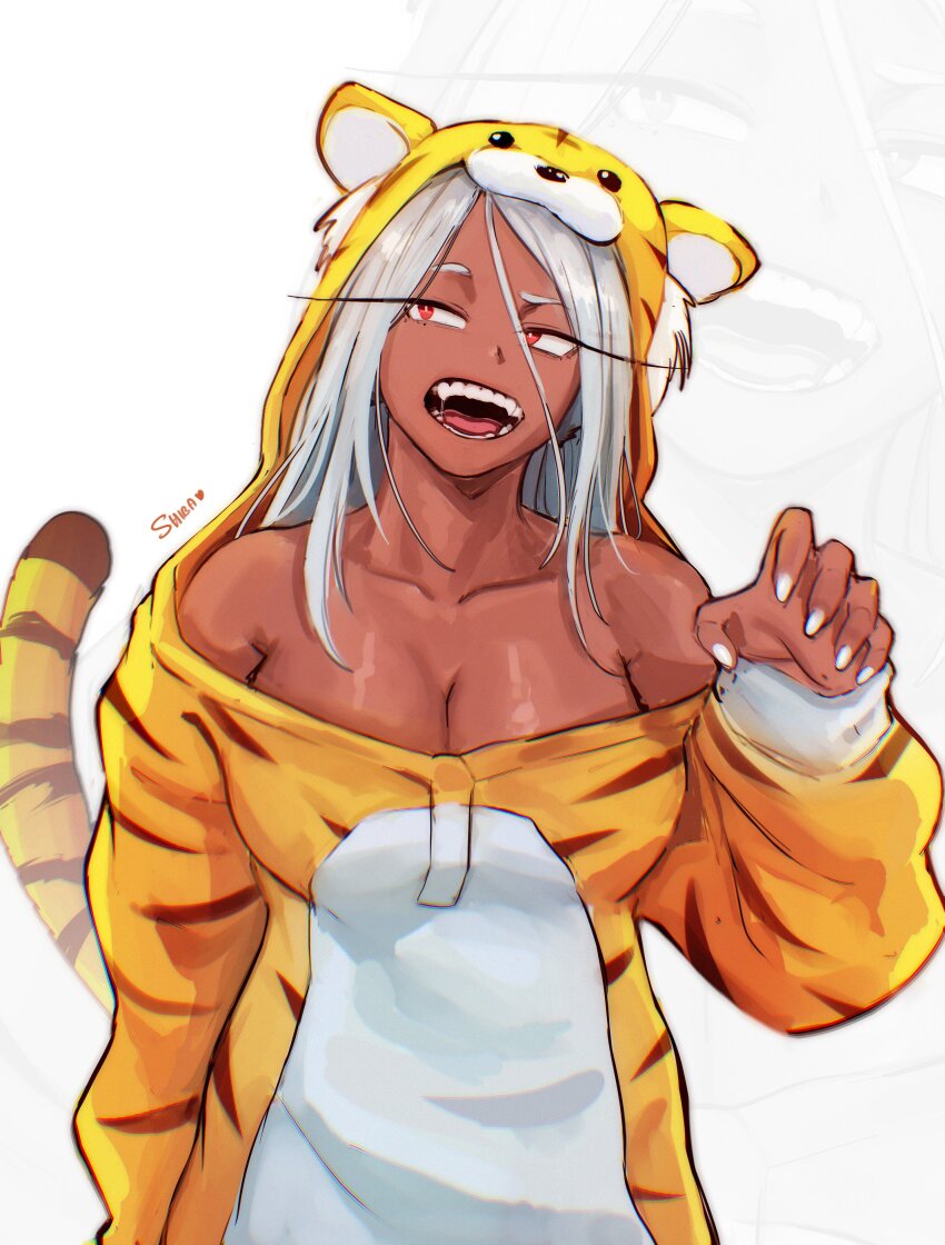 1girl absurdres animal_costume animal_hood animal_print bare_shoulders boku_no_hero_academia breasts claw_pose cleavage collarbone commentary dark-skinned_female dark_skin english_commentary hair_between_eyes halloween_costume hand_up highres hood large_breasts long_eyelashes long_hair mirko nail_polish open_mouth pajamas parted_bangs rabbit_girl red_eyes shibbunny signature simple_background solo teeth tiger_costume tiger_hood tiger_print white_background white_hair white_nails zoom_layer