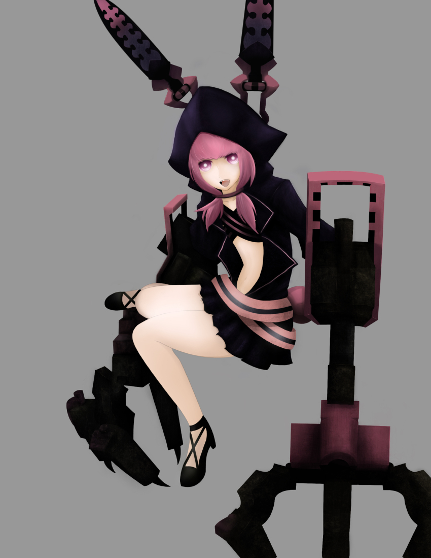 1girl absurdres animal_hood bbk_(13zk) black_hoodie black_rock_shooter black_rock_shooter_(game) grey_background high_heels highres hood hoodie mechanical_arms nafhe pink_eyes pink_hair rabbit_hood solo