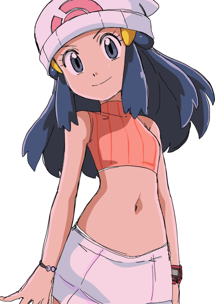 1girl bare_shoulders beanie blue_eyes blue_hair bracelet creatures_(company) crop_top dawn_(pokemon) game_freak hainchu hair_ornament hat highres jewelry long_hair looking_at_viewer navel nintendo pokemon pokemon_dppt simple_background skirt smile solo watch white_hat white_skirt wristwatch