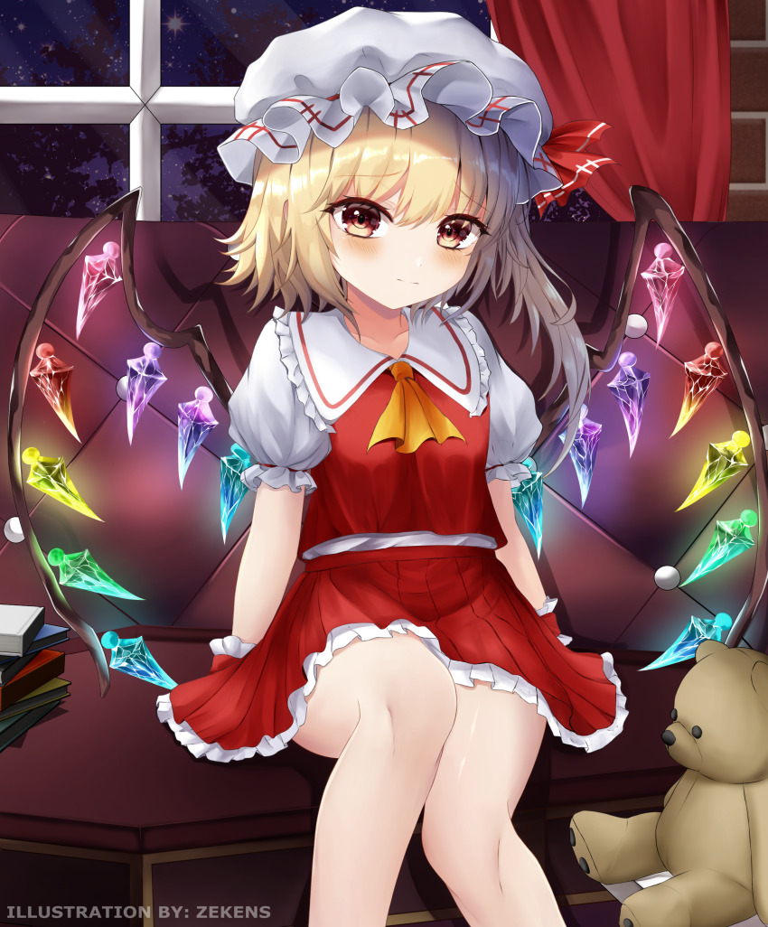 1girl absurdres ascot blonde_hair book book_stack breasts brick_wall closed_mouth collared_shirt commentary crystal curtains english_commentary english_text feet_out_of_frame flandre_scarlet frilled_shirt_collar frilled_skirt frills glowing glowing_wings hat highres indoors light_smile looking_at_viewer medium_hair mob_cap multicolored_wings one_side_up pleated_skirt red_eyes red_skirt red_vest shirt sitting skirt skirt_set small_breasts solo stuffed_animal stuffed_toy teddy_bear touhou vest white_hat white_shirt window wings wrist_cuffs yellow_ascot zekens_(dnvt2447)