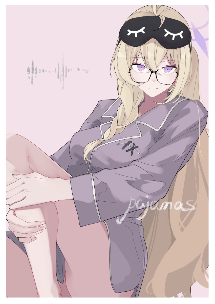 1girl absurdres black-framed_eyewear blonde_hair blue_archive braid english_text glasses halo highres kitaminami kotama_(blue_archive) kotama_(pajamas)_(blue_archive) official_alternate_costume pajamas pink_background purple_eyes purple_halo purple_pajamas smile solo