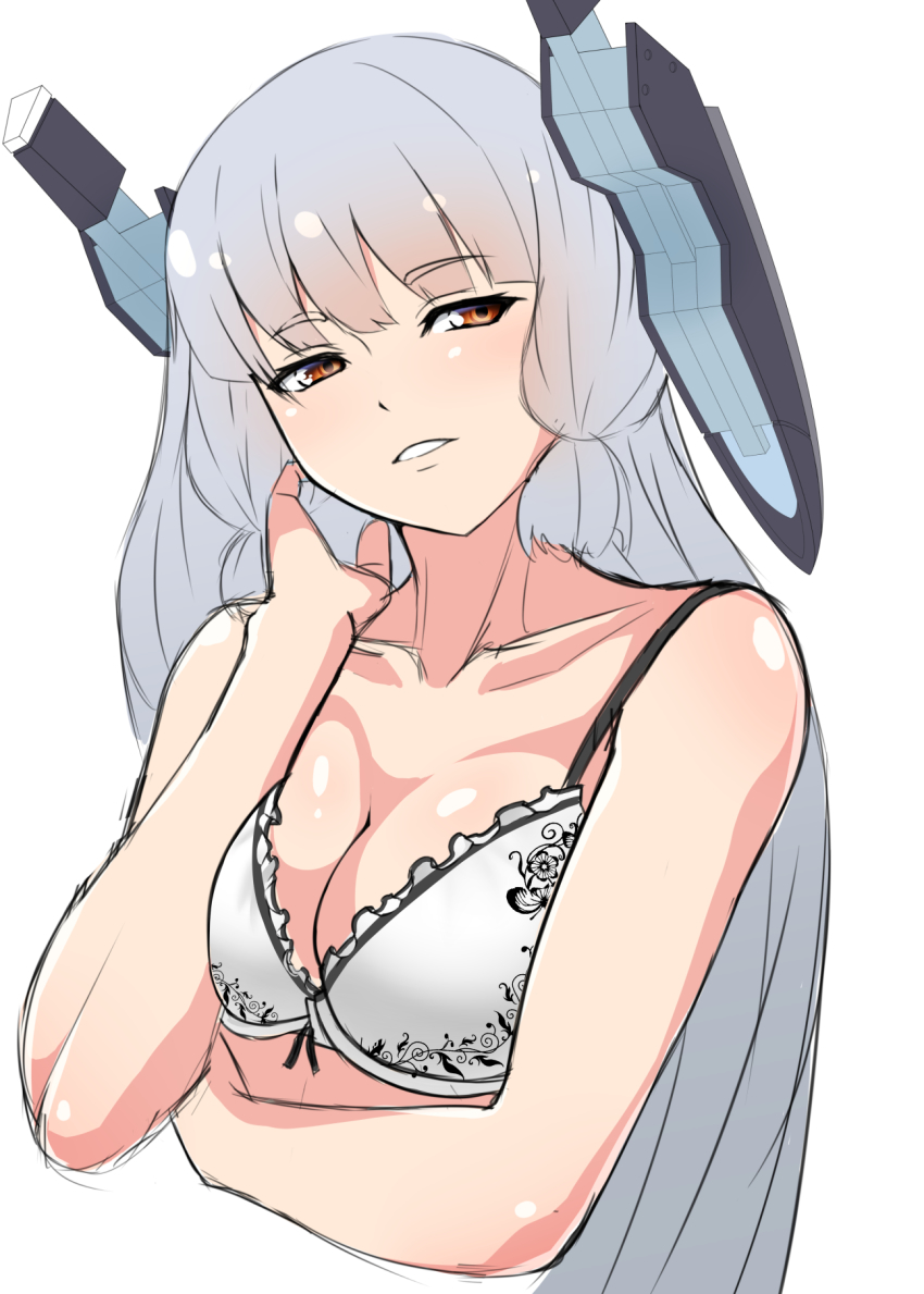 1girl bare_shoulders bikini bikini_top_only breasts brown_eyes cleavage female_focus grey_hair highres jito_mesuki_nitouhei kantai_collection large_breasts long_hair looking_at_viewer murakumo_(kancolle) murakumo_kai_ni_(kancolle) parted_lips simple_background smile solo swimsuit upper_body white_background white_bikini